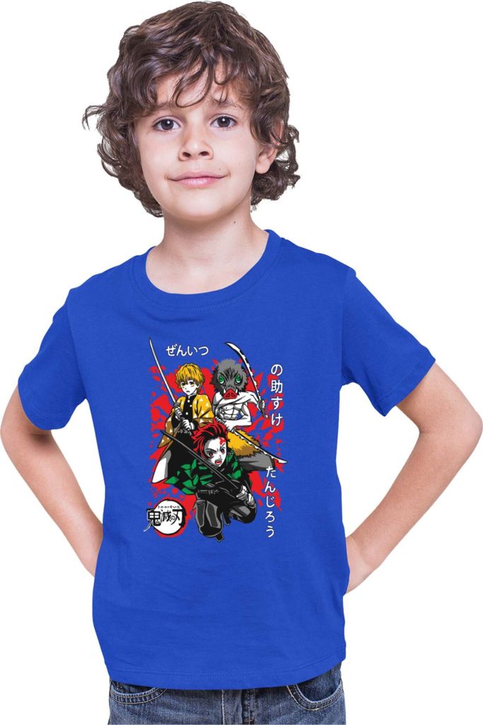 Kinder T-Shirt Demon Anime Slayer Kimetsu No Yaiba Tanjiro Zenitsu Inosuke 002, 9-11 Jahr - 140 / Blau