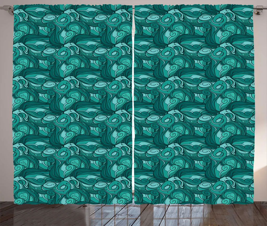 Rideau à motifs marins bleu sarcelle avec système de fronces et crochets