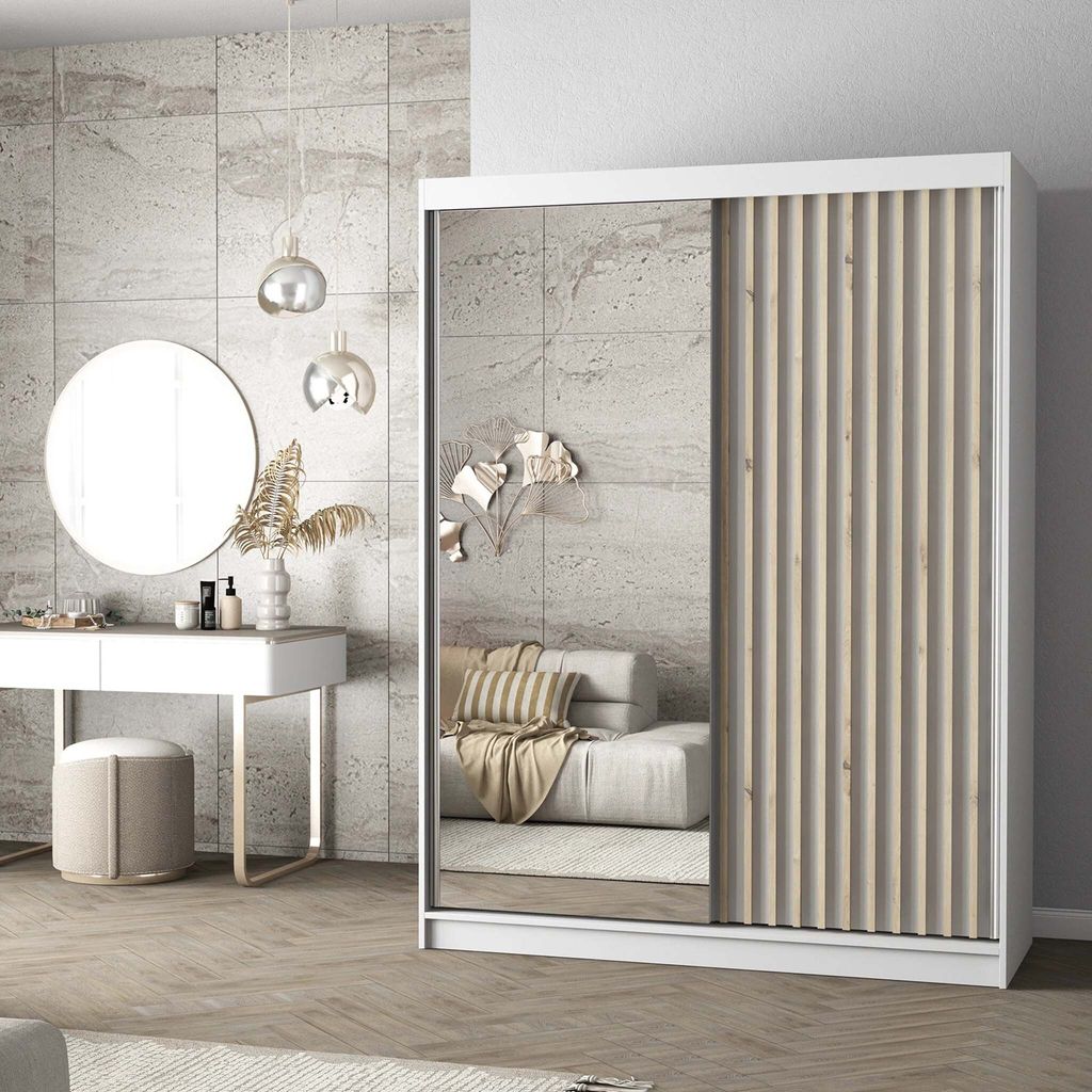 Schwebetürenschrank Kleiderschrank Schrank 150 cm Weiß/Weiß Produktbild 
