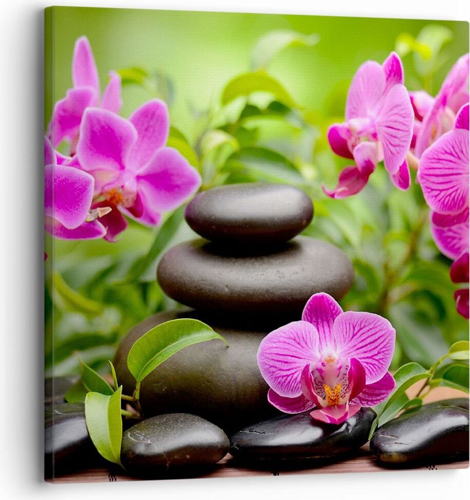 Bild auf Leinwand - Leinwandbild - Blumen Steine Bambus Dekoration - 30x30cm - Wand Bild - Wanddeko - Leinwanddruck - Bilder - Kunstdruck - Wanddek...
