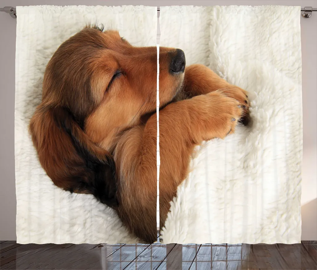 ABAKUHAUS Tenda rustica con bassotti, cucciolo che dorme nella sua cuccia, tenda con passanti e ganci per camera da letto, 280 x 245 cm, avorio cannella