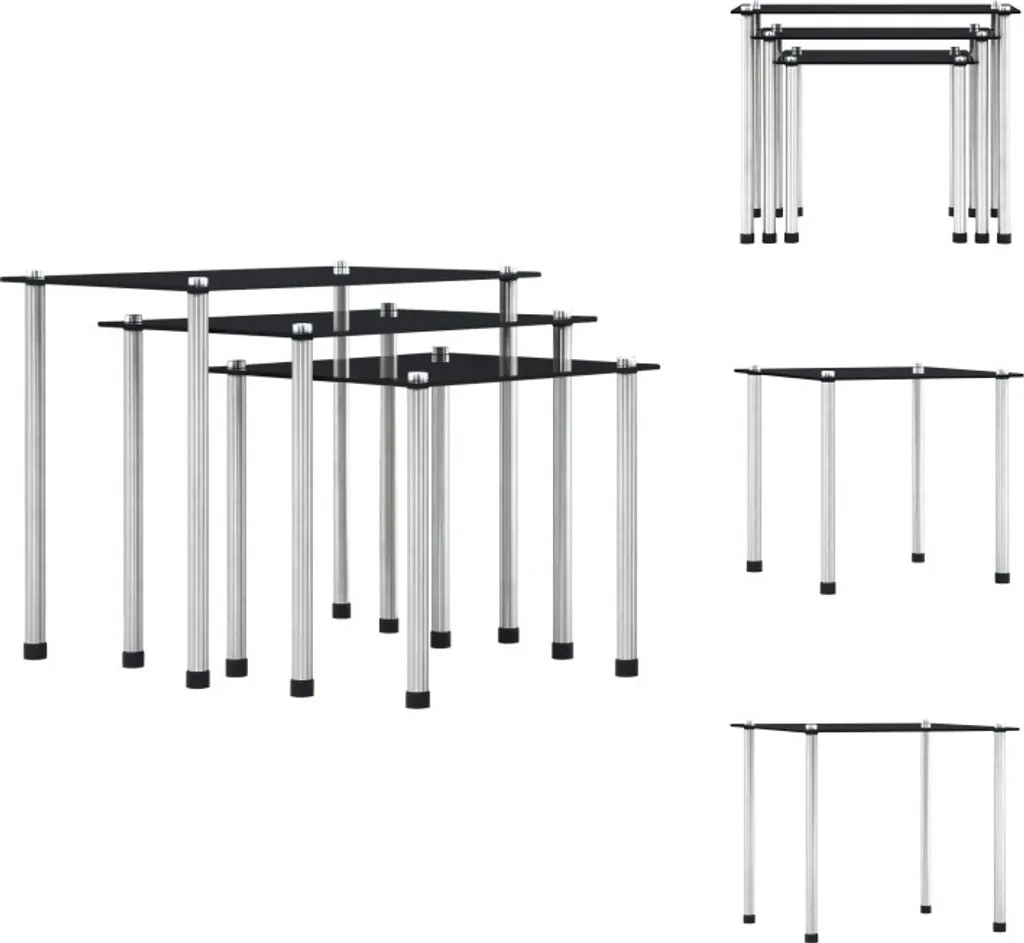 Tables d'appoint gigognes en verre trempé noir anti-rayures - 3 pièces