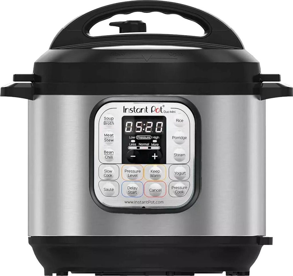 A front view of an Instant Pot Duo Mini multi-cooker on a white background.