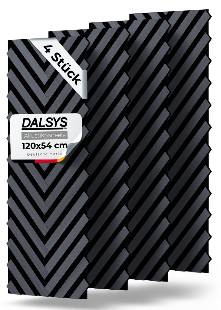 Dalsys 4x Akustikpaneele Holz 120x54cm mit Fischgrät-Muster Eiche Schwarz - Akustik Paneele Wand - Wandpaneele Holz für Schallschutz in Büro & W...