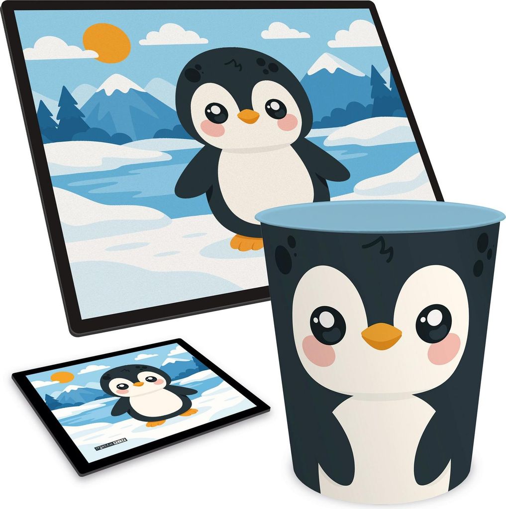 ITENGA Papierkorb Schreibtischunterlage Mauspad Set - ca. 11 Liter - Kawaii Design - PINGUIN
