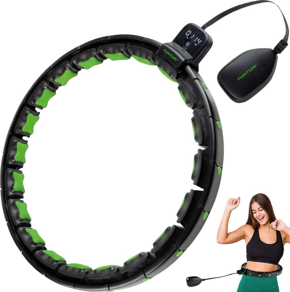 Tunturi Smart verstellbarer Hula-Hoop mit Gewicht - Massage - Fitness - Hoop 1,3 kg - Taillenumfang verstellbar von 62 bis 132 cm - Inkl. Display