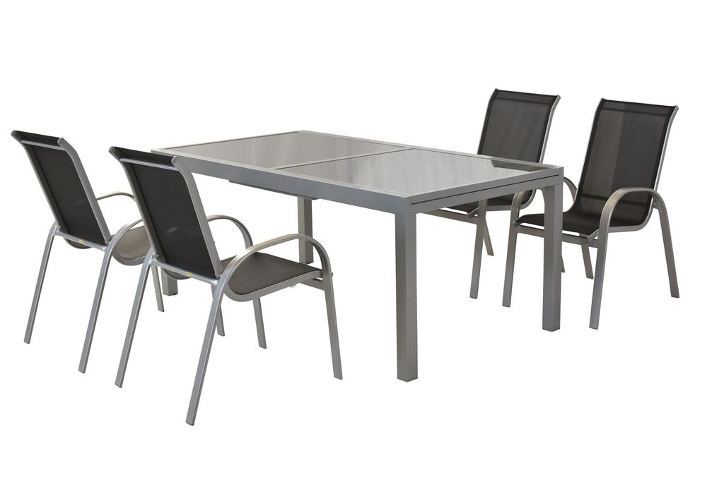 Merxx Gartenmöbel Set Amalfi schwarz 5tlg., 4 Stapelsessel, 1 Ausziehtisch 140 (200) x 90 cm - Aluminium/Textil