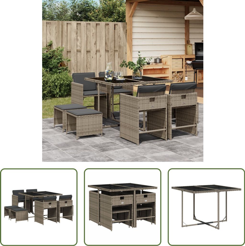 The Living Store 9-tlg. Garten-Essgruppe mit Kissen Grau Poly Rattan