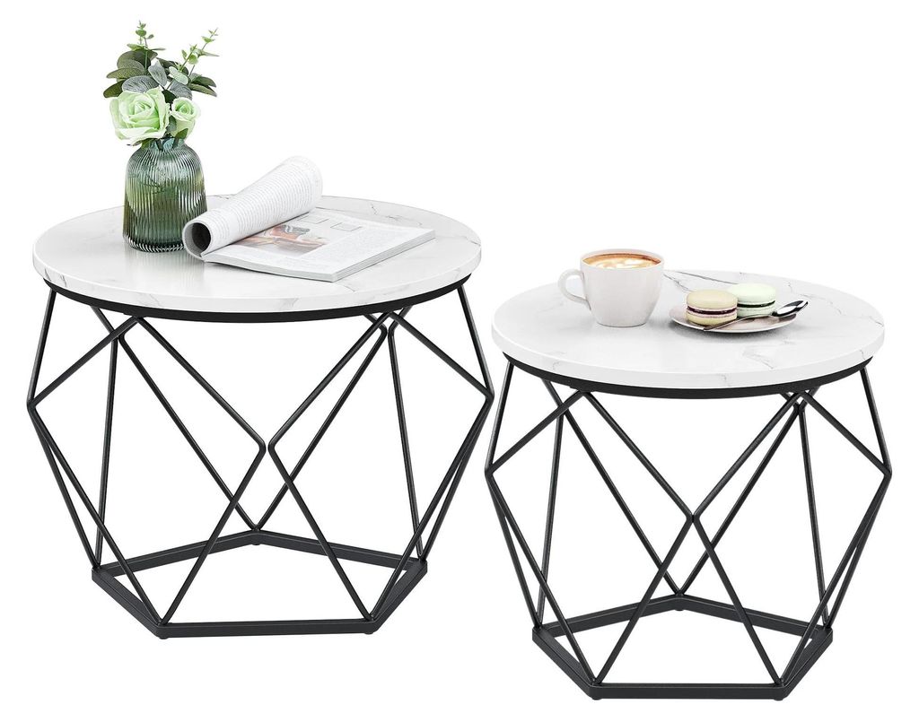 Couchtisch/Beistelltisch - Runde Tische 2er-Set - Abnehmbare Tischplatte - Modern - Marmorweiß mit schwarzen Adern - Hellgrau