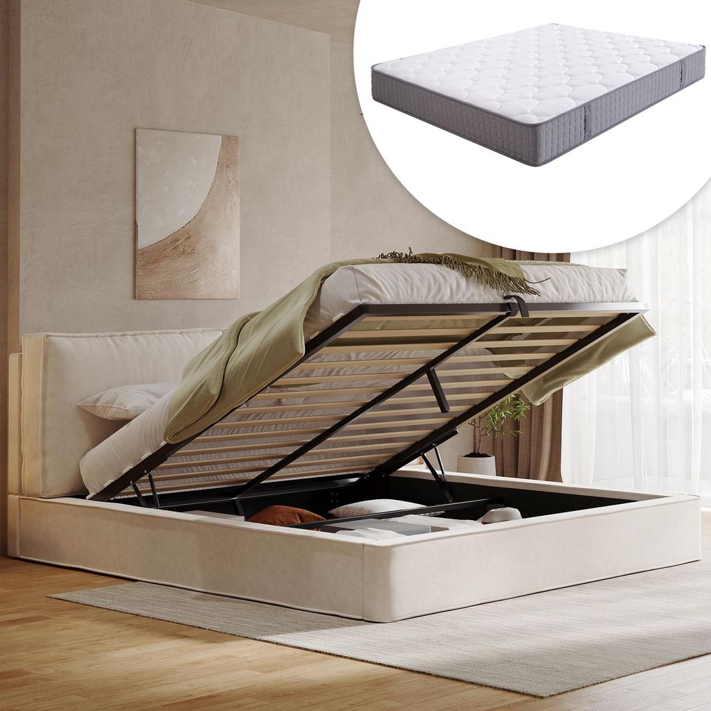 Hydraulisches Polsterbett, Doppelbett, mit Lattenrost, gepolstertem Kopfteil & inkl. Matratze, Chenille, ideal für Schlafzimmer, 180x200, Beige