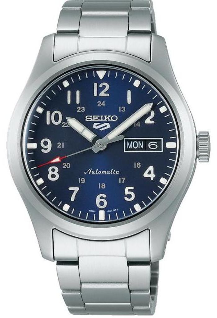 Seiko 5 Sports Automatikuhr aus Edelstahl mit blauem Produktbild 