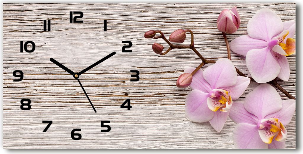 Wanduhr aus Glas – 60x30 cm - Glasbild - Glasuhr - Gehärtetes Glas - schwarze-zeiger - Orchidee auf Holz