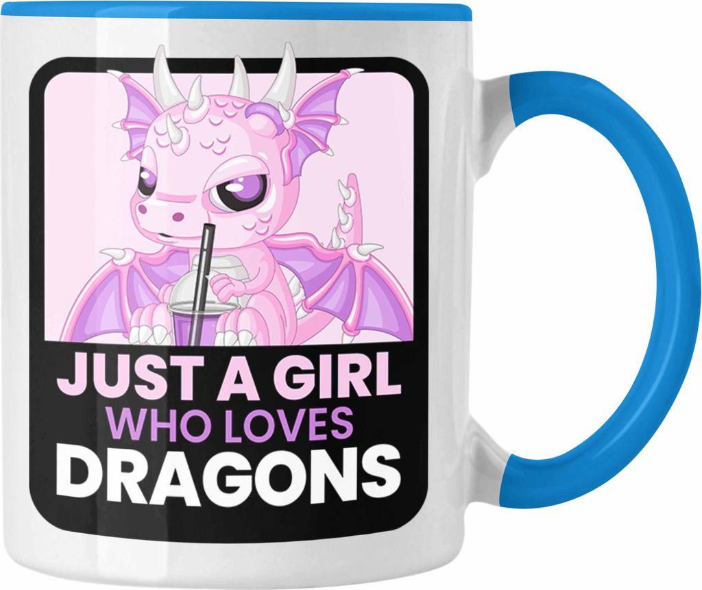 Trendation - Drachen Tasse Geschenk für Drachen-Liebhaberin Geschenkidee Frauen Mädchen Just A Girl Who Loves Dragons (Blau)