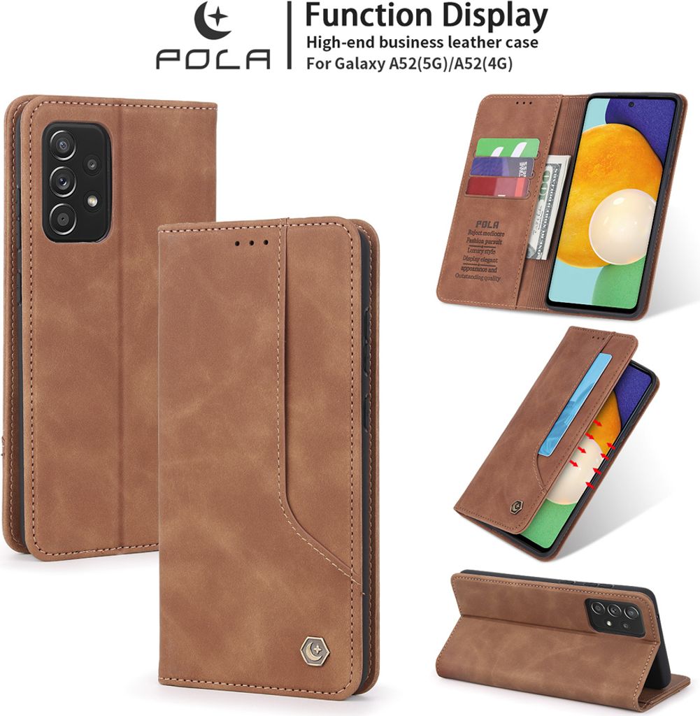 Galaxy A52 Hülle, LaimTop Retro Kunstledertasche Schutzhülle mit Kartenfach Standfunktion für Samsung Galaxy A52 5G / A52 4G Braun