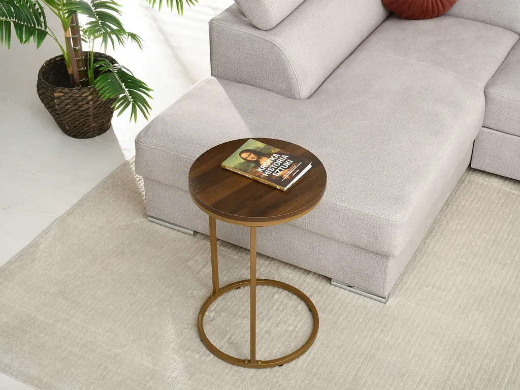 Table d'appoint design or et noyer pour décoration salon