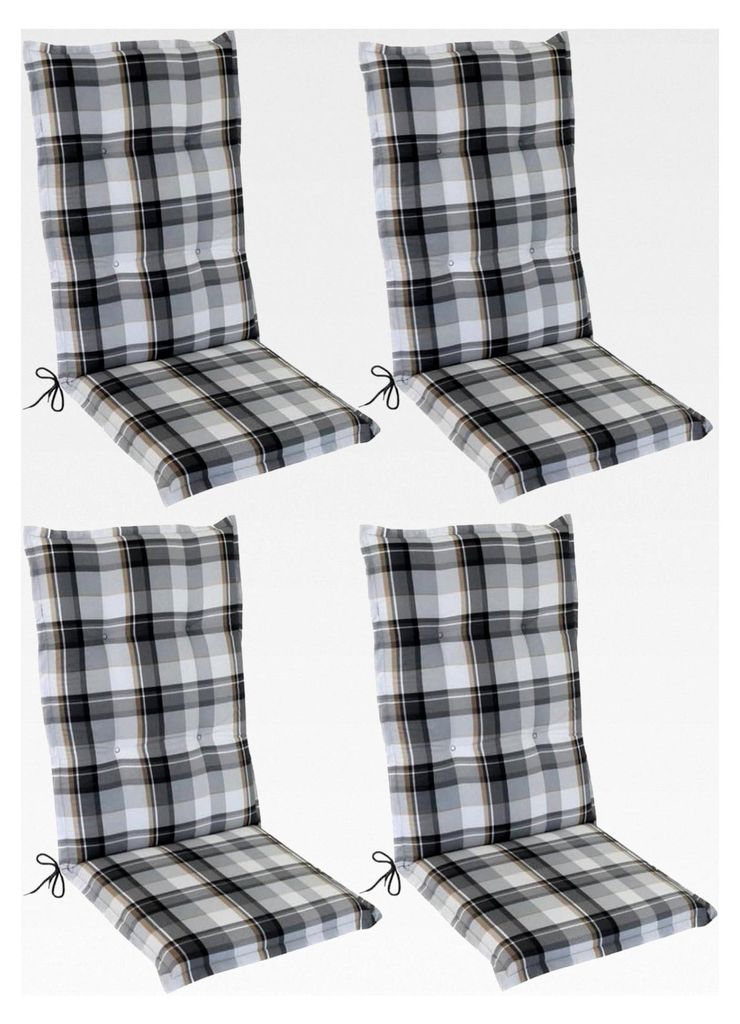 Hochlehner Auflage Naxos für Gartenstühle 4er Set 118x49 cm Karo Grau - 6 cm starke Stuhlauflage mit Komfortschaumkern - Sitzauflage aus der EU