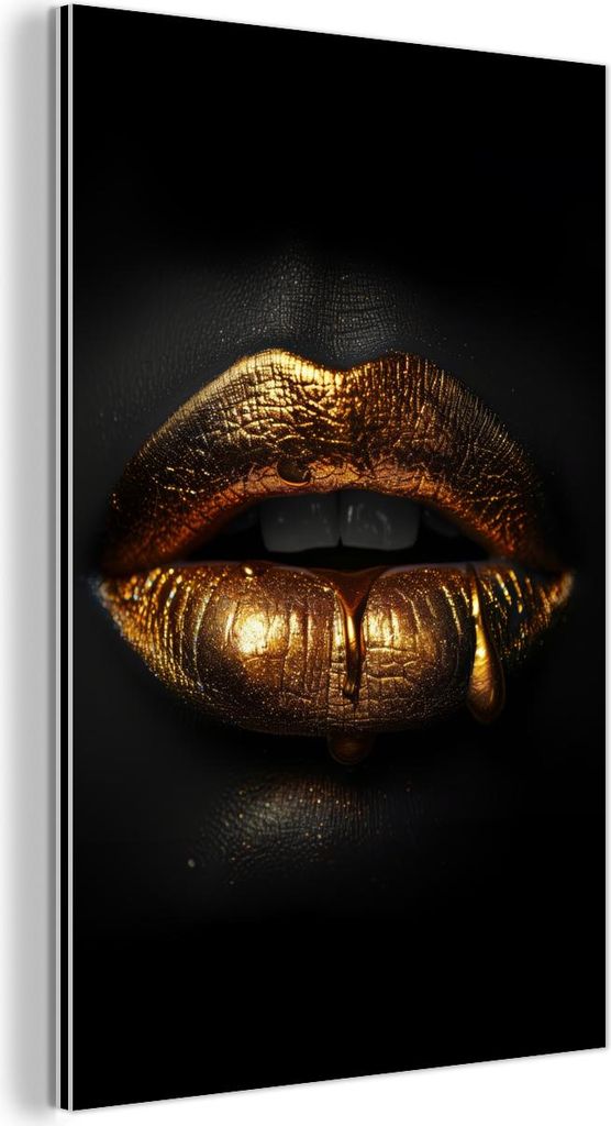 MuchoWow Wanddekoration Metall Metallbild Wandkunst 80x120 cm Lippen - Gold - Abstrakt - Schwarz - Ästhetisch MuchoWow Aluminium Gemälde - Bilder