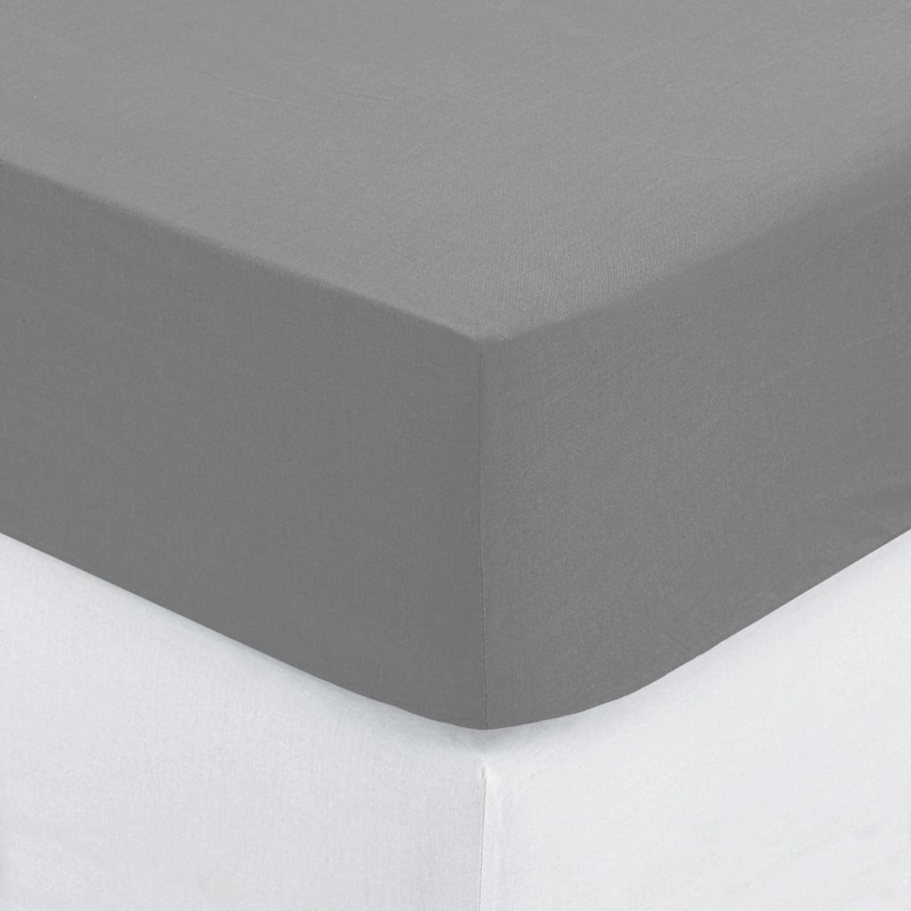 A close-up view of a gray fitted sheet on a white surface.