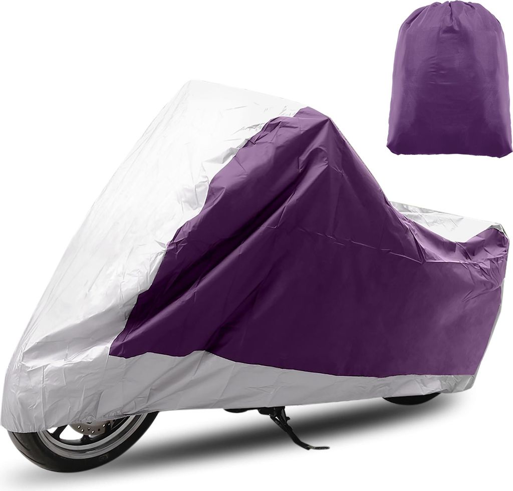 Motorradabdeckung für alle Jahreszeiten Universal Wetterfest Sonne mit Aufbewahrungstasche Passt für Motorräder bis zu 116,14'' XXXL Lila Silber...