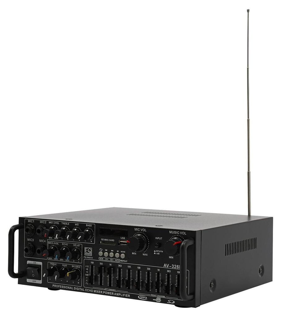 Stereo Verstärker - AV-326BT - 2x200 W Ausgangsleistung - Bluetooth - Fernbedienung - USB/SD MP3-Player - 4 Mikrofoneingänge - Für Zuhause & Aut...