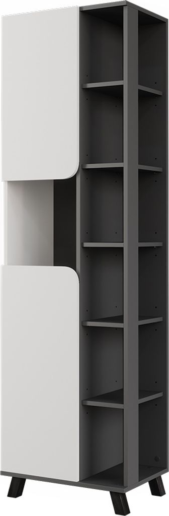 A tall, narrow cabinet with two white doors on the left and open shelves on the right, set against a white background.