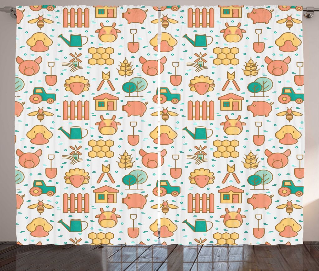 ABAKUHAUS Kindergarten Rustikaler Vorhang, Childish Tier-Gesichter Rural, Wohnzimmer Universalband Gardinen mit Schlaufen und Haken, 280 x 225 cm, ...