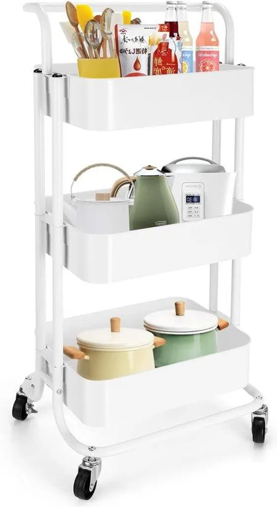 Desserte de cuisine à roulettes en métal blanc - Tour de rangement 3 bacs