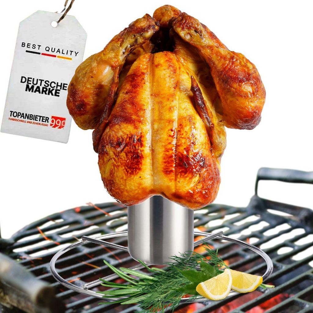 TOPANBIETER 999 Premium Hähnchenhalter Edelstahl für Grill & Backofen, Hänchenhalterung mit Aromabehälter, Hähnchenbräter für knuspriges Bra...
