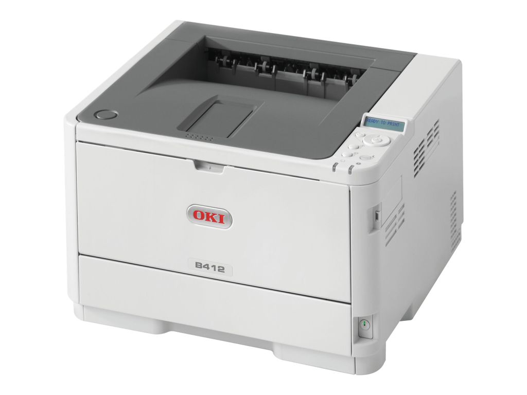 A white OKI B412dn S/W Laserdrucker printer is shown against a white background.
