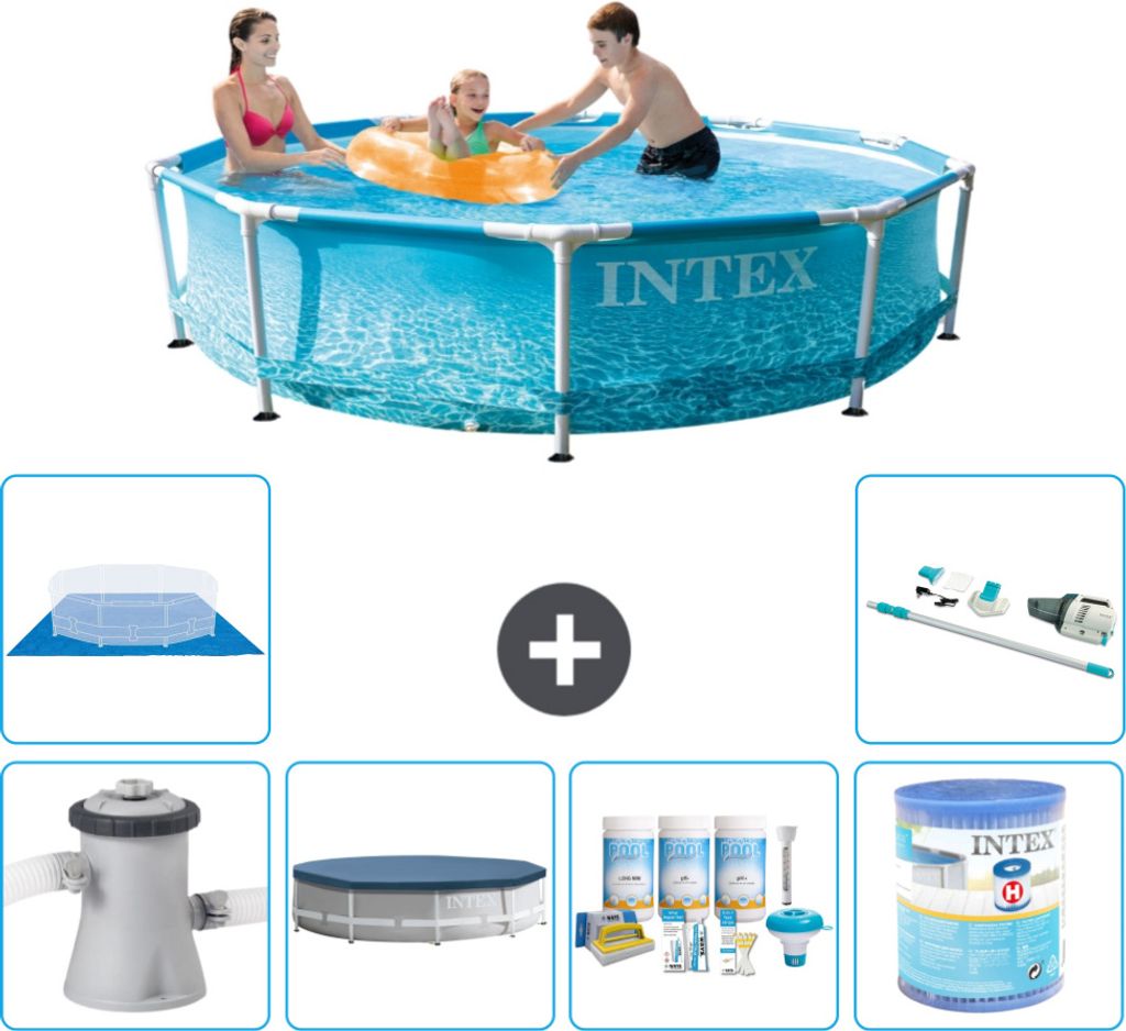 Intex Rundrahmen-Schwimmbecken – 305 x 76 cm – Wasserdruck – inklusive Pumpe Abdeckung - Wartungspaket - Filter - Bodenplane - Staubsauger