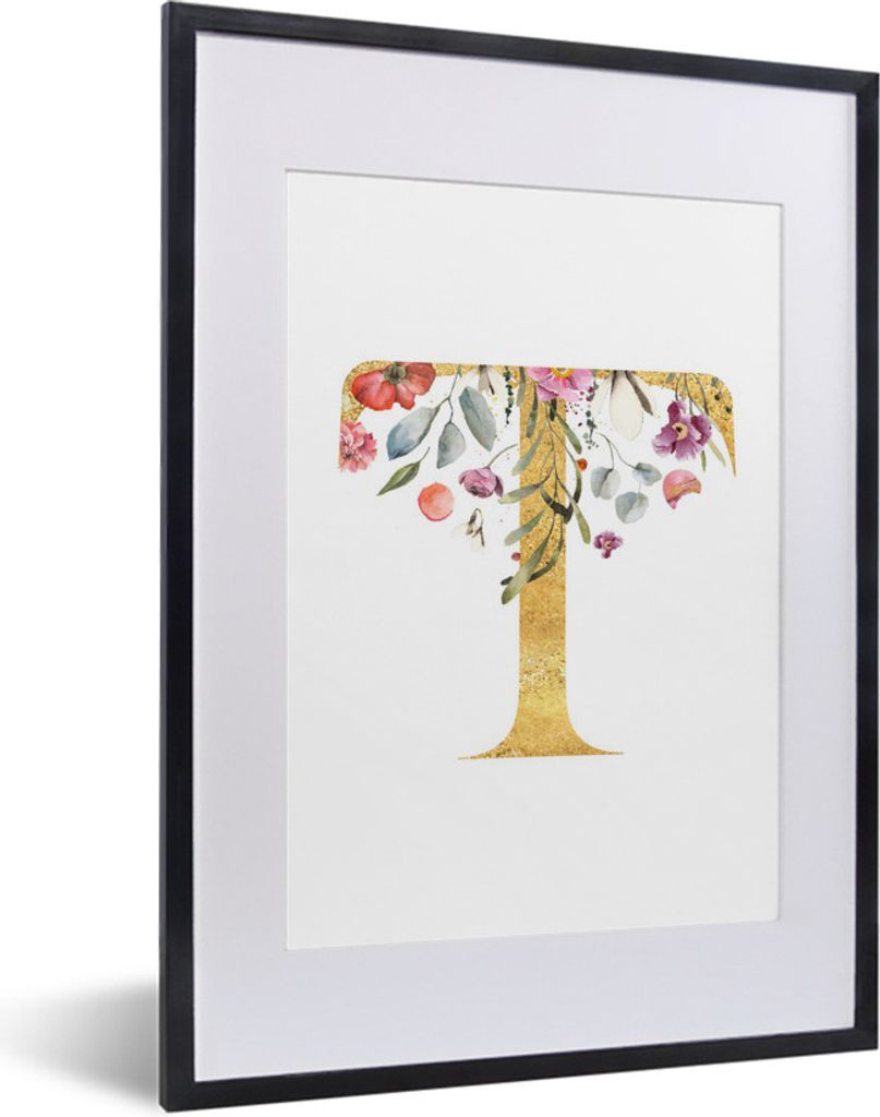MuchoWow MuchoWow Gerahmtes Poster Blumen - Gold - Brief 30x40 cm - Poster mit zchwarzem Bilderrahmen - Wandposter Schlafzimmer
