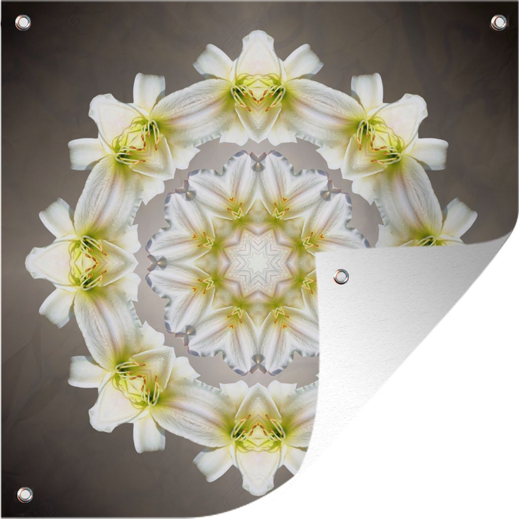 MuchoWow 50x50 cm Outdoor-Poster Gartendeko Sichtschutz Garten Poster für den Garten Eine weiße Blume in Form eines Mandalas