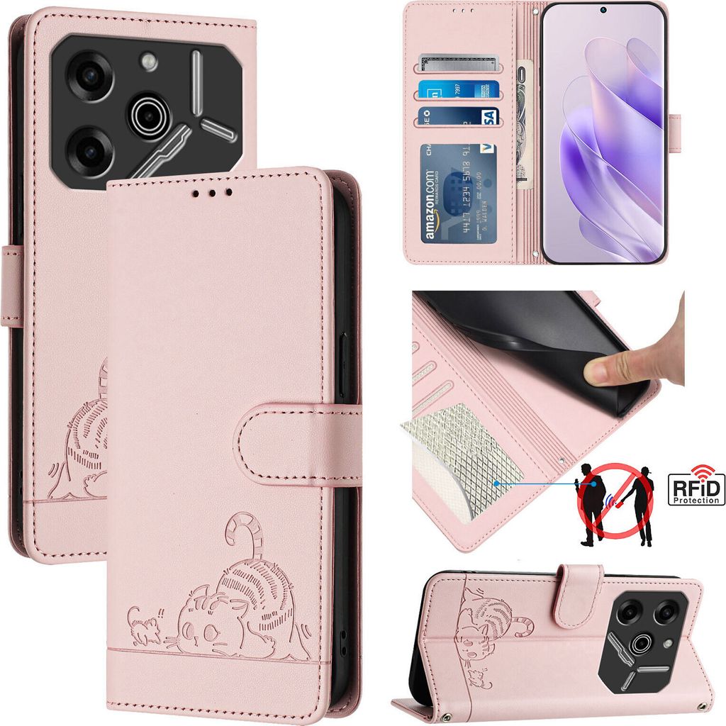 Leder Hülle für Tecno Pova 6 / Pova 6 Pro Süße Katze Flip Case Brieftasche Schutzhülle mit Standfunktion Pink