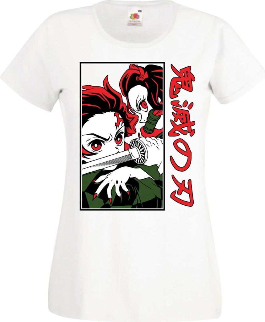Damen T-Shirt Manga Anime Demon Anime Slayer Tanjiro Nezuko Fighting Fighting, Lady S / Weiß