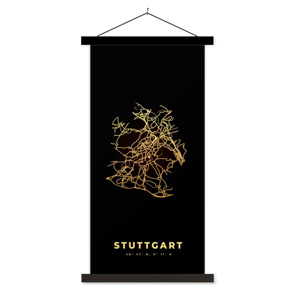 MuchoWow Textilposter Stadtplan - Gold - Stuttgart - Karte 40x80 cm mit schwarzem Rahmen - Wandemalerei