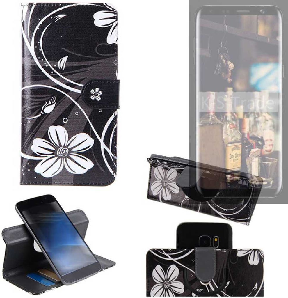 K-S-Trade Schutzhülle Handyhülle kompatibel mit Bluboo S8 Hülle 360° Wallet Case ''Flowers'' Klapphülle Hülle schwarz-weiß 1x