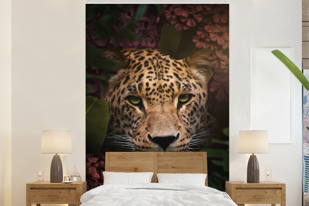 MuchoWow Fototapete für Wohnzimmer oder Schlafzimmer Wandtapete Vinyl Motivtapete Panther - Dschungel - Pflanzen - Blumen - 200x300 cm - Wanddek...