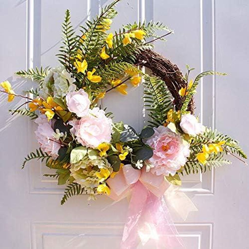 Hortensien- und Pfingstrosenkranz, 50 cm, Frühling/Sommer, Rattan, rosa Schleife