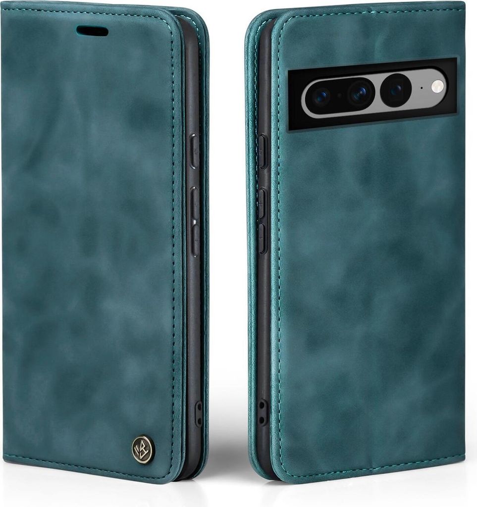 Two views of a teal flip-style phone case for a Google Pixel 7 Pro.