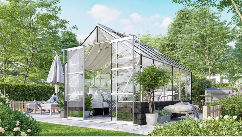 Vitavia Gewächshaus "Cassandra 9900" aluminium eloxiert 9,9 m² mit Sockelmauer in basalt, 3 mm ESG