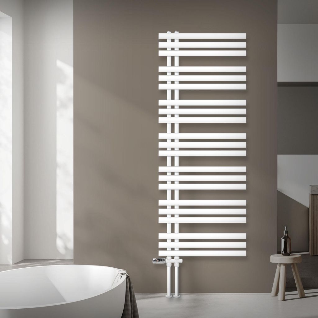 LuxeBath Design Badheizkörper, 600x1600 mm, Weiß, Anschlussgarnitur Thermostat Durchgang Boden, ohne Heizstab
