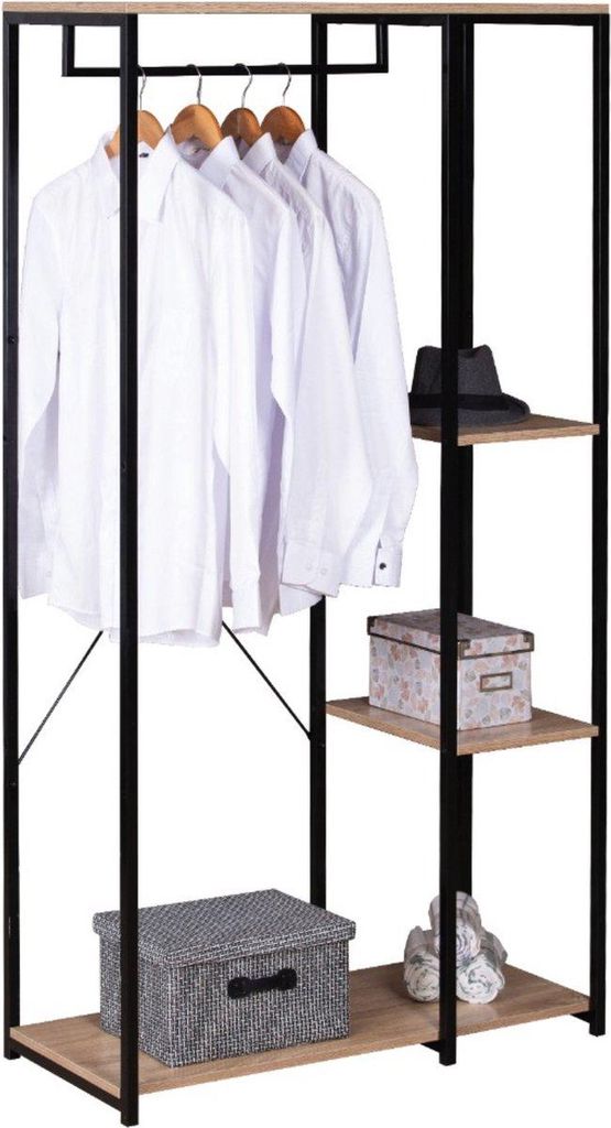 Happyment Kleiderständer Doza – Mit Aufbewahrungsflächen – Braun – Schuhregal & Kleiderschranknregal – Holz & Metall – 3 Ablagen