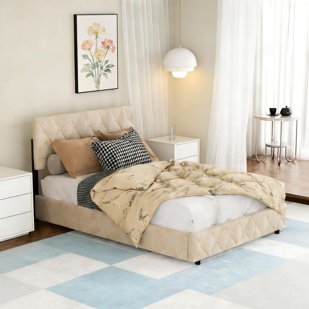 okwish Boxspringbett Polsterbett 140 x 200 cm mit Kopfteil in Knopfnahtverzierung, Hydraulisches Stauraumbett mit Bettkasten Stauraum, Doppelbett J...