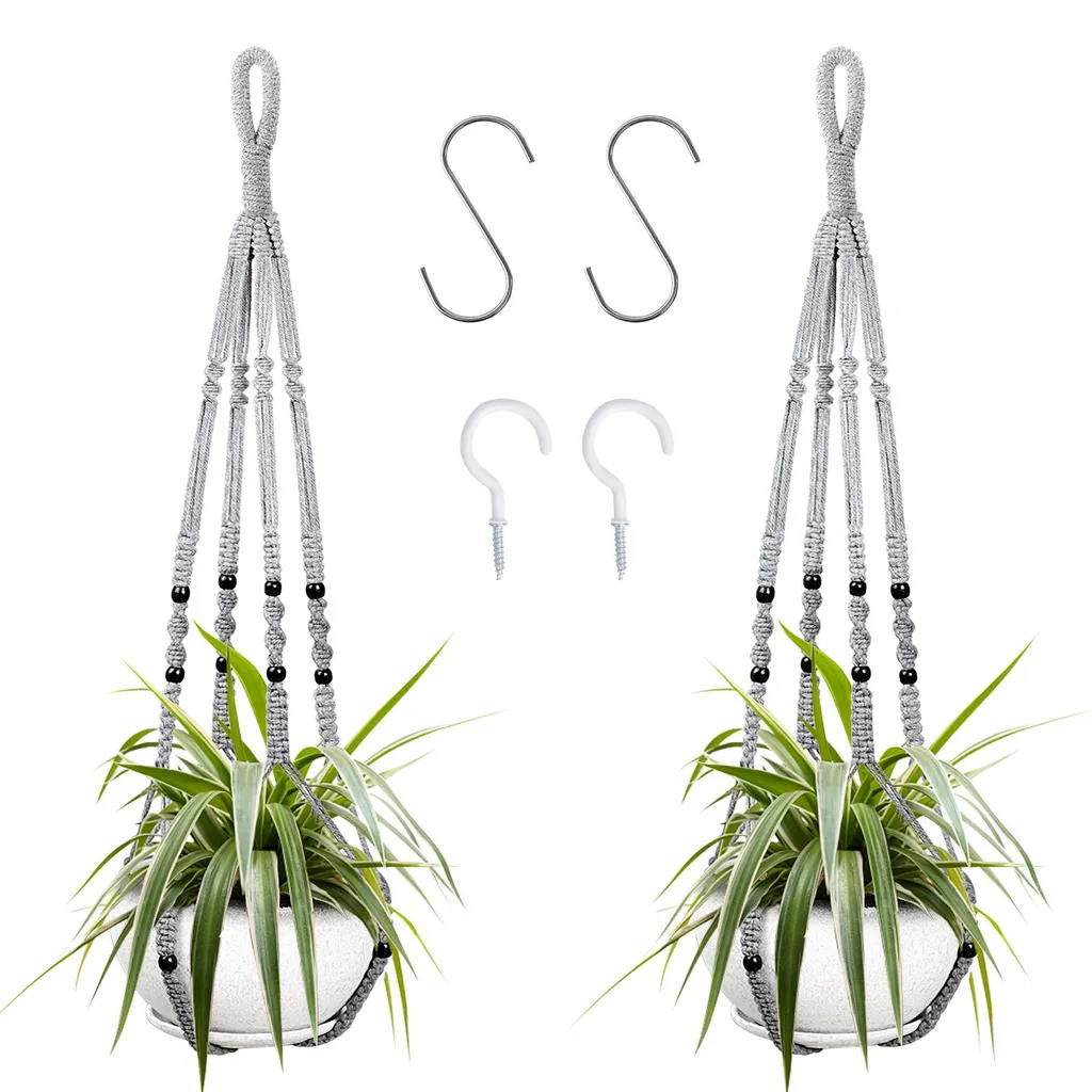 Supports en macramé gris pour pots de fleurs avec perles bois design