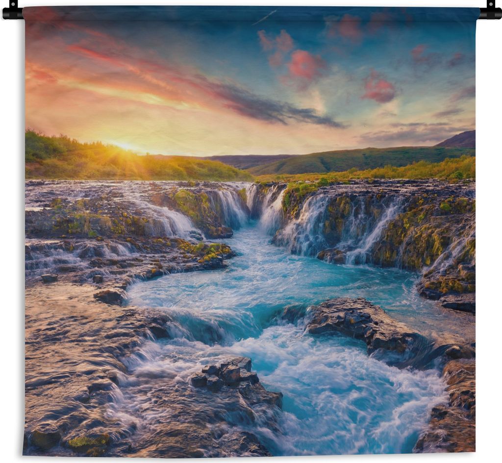 MuchoWow Wandteppich Wandbehang Wasserfall - Pflanzen - Moos - Landschaft - Sonnenuntergang - Fels 120x120 cm Tapisserie Dekoration Wandtuch - Mo...
