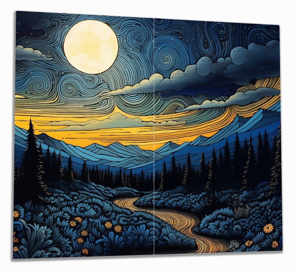 Wallario Herdabdeckplatte aus Glas, Größe 60 x 52 cm 2-teilig, Motiv Mondschein über den Bergen