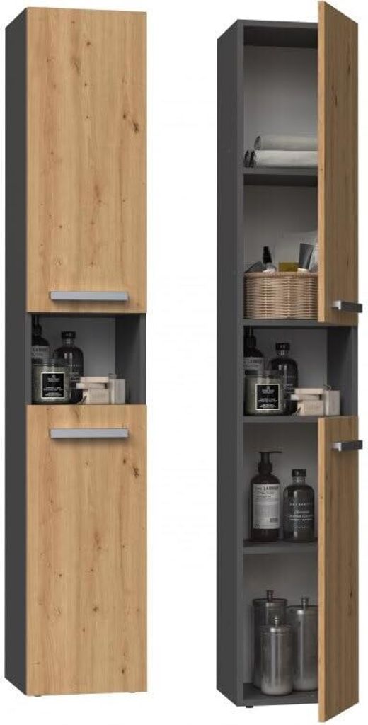 BDW Badezimmer Schrank Hochschrank, Hoher Badschrank, Anthrazit / Eiche Artisan