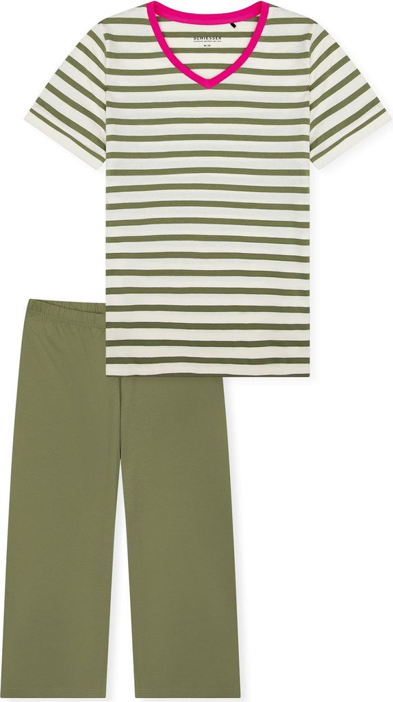 SCHIESSER Damen Schlafanzug Set - Nachtwäsche, 3/4 Kurzarm, Pyjama, Muster, Baumwolle Grün/Weiß M