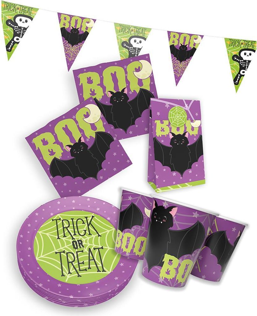 Halloween Skelett Partyset – Teller Becher Servietten Wimpel Geschenktüten Set