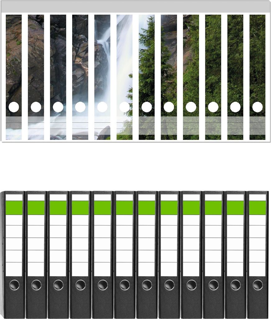 Wallario 12 Stück schmale Ordner inkl. Klebeetiketten mit Motive Wasserfall - Set mit Rückenschildern / Ordnerrücken Stickern